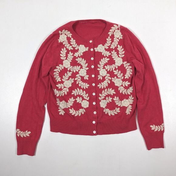 Sundance Cardigan Women's Size XS/S Meadow Crewelwork Salmon Pink Button Down - Picture 1 of 4
